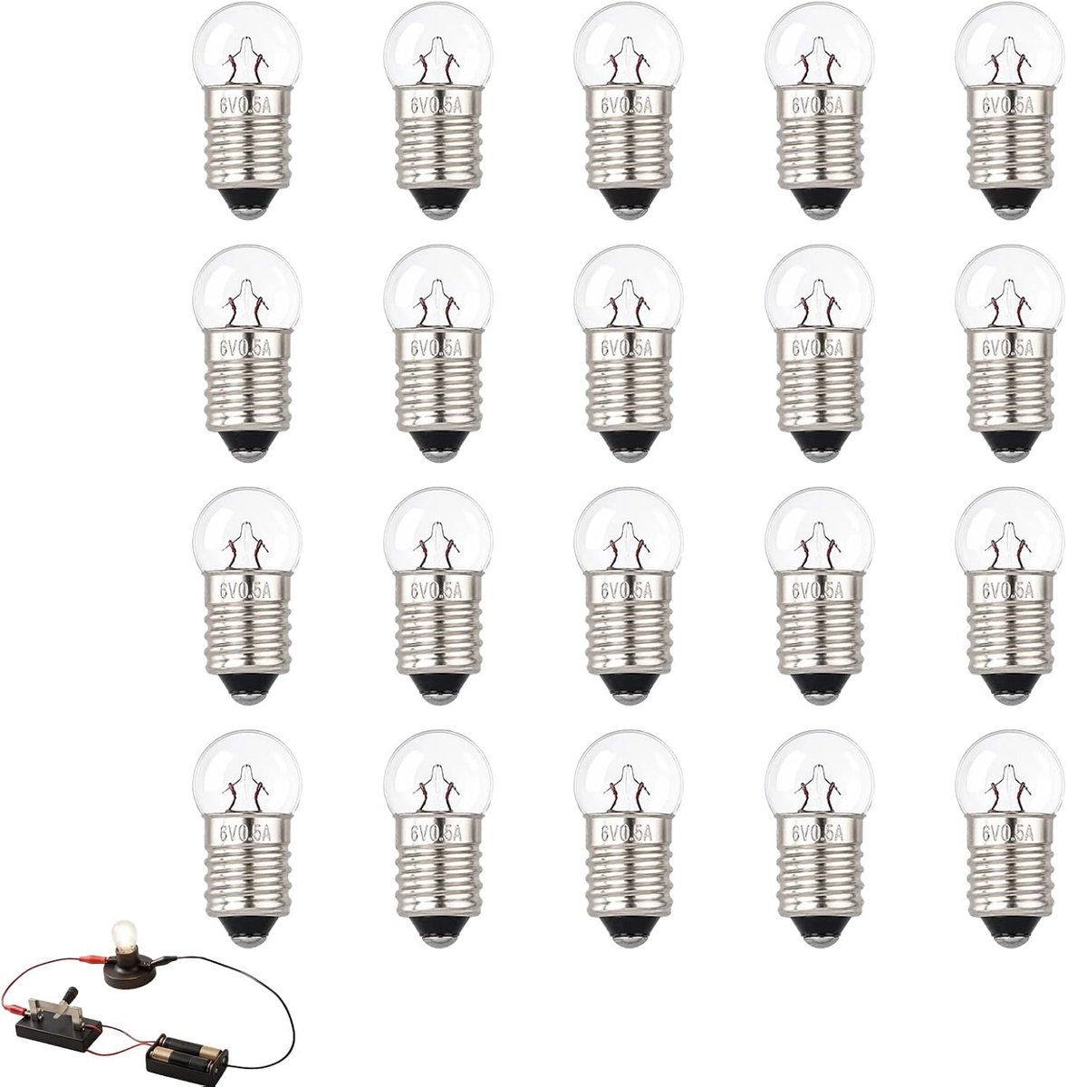 20 stuks E10 kogellamp DC 6V 0,5A 3W Warm wit 3000K, E10 gloeilamp gloeilamp Miniatuur Schraubvoet, Ersatzlampe für elektrische Experimente, Taschenlampen, Warnlichten, Modellen en instrumenten