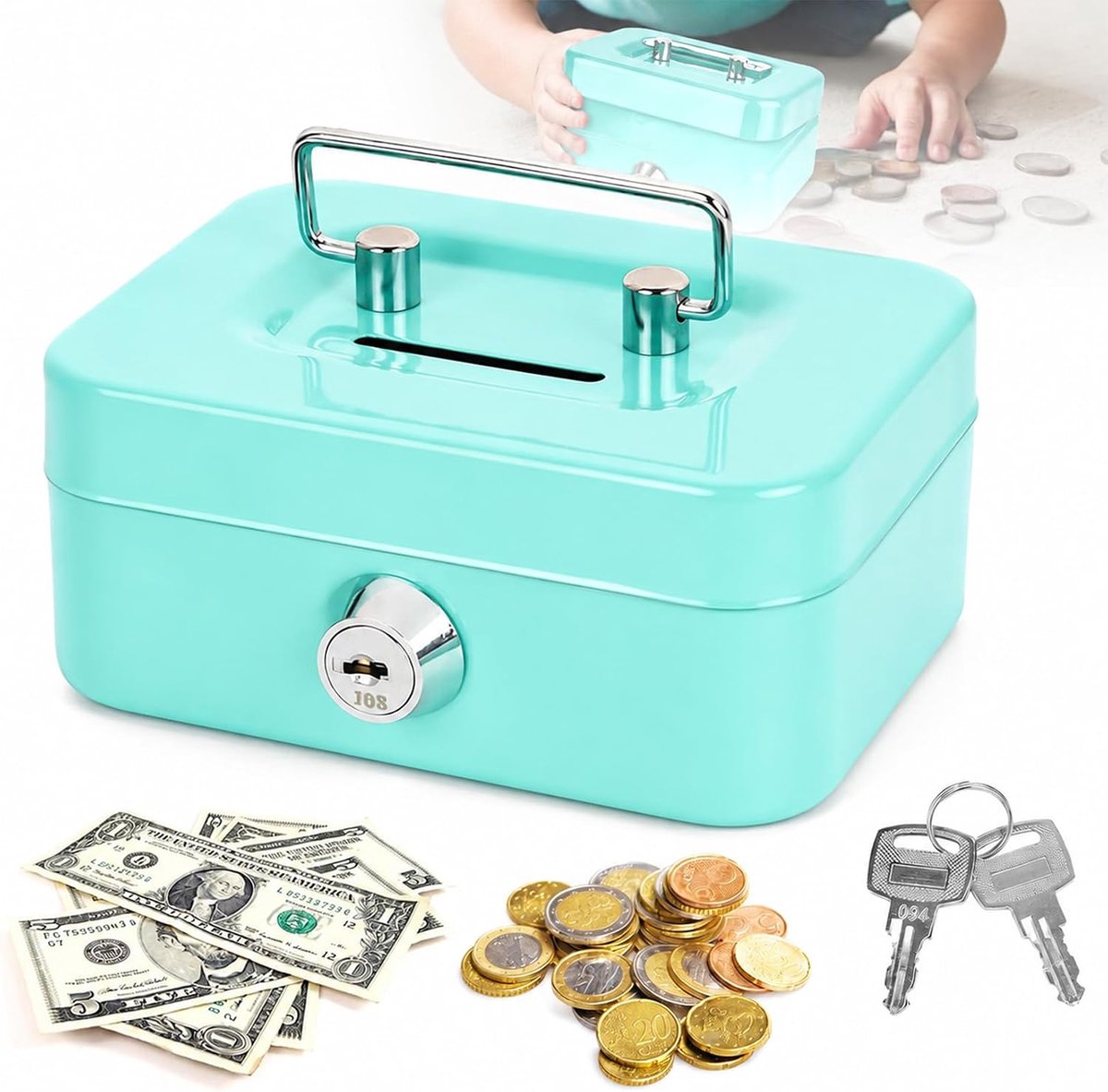 Geldcassette met gleuf, geldcassette klein met gleuf voor kinderen en volwassenen, spaarpot afsluitbaar van plaatstaal, kleine spaarpot met 2 sleutels (blauw)