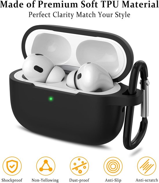 Compatibel met Airpods Pro 2nd / 1st Case, Silicone Protective Case voor Apple Airpods Pro 2e/1st Generation Charging Case met sleutelhanger en Cleaner Pen, voor vrouwen en mannen (zwart) — afbeelding 4