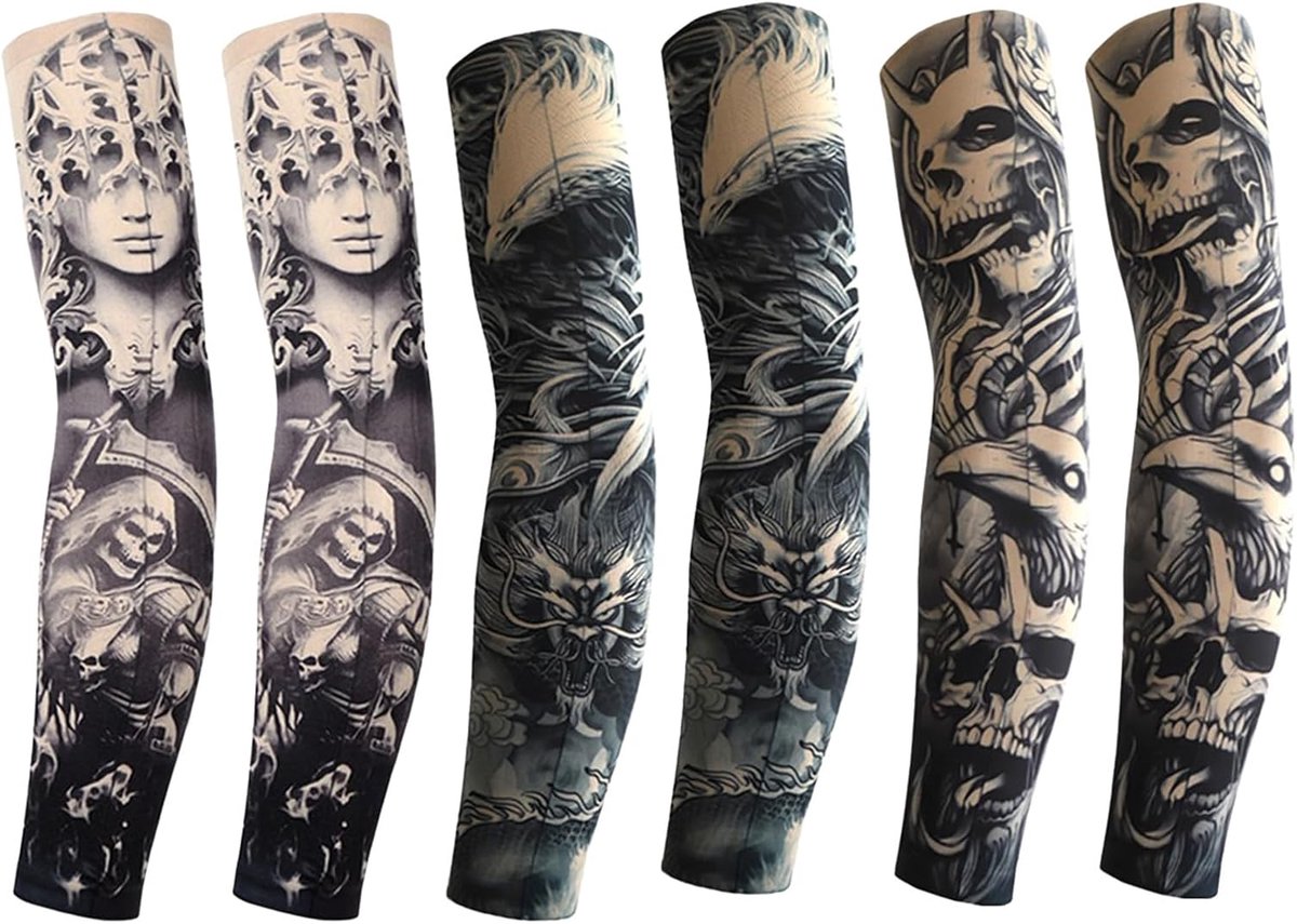 6 stuks nep-tatoeagemouwen voor heren, armkous, tijdelijke tatoeage, sleeve voor kinderen, outdoor, tatoeagebescherming, zonnecrème, afdekking, afdekmouwen, voor carnaval, party, rocksterkostuum