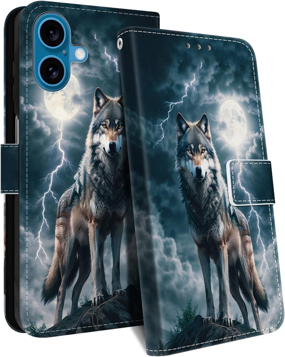 Telefoonhoesje voor iPhone 16, PU-leren telefoonhoesje, flip case, magneetsluiting, met kaartsleuf, standaard, polsband, patroon, portemonneehoesje voor iPhone 16, wolf