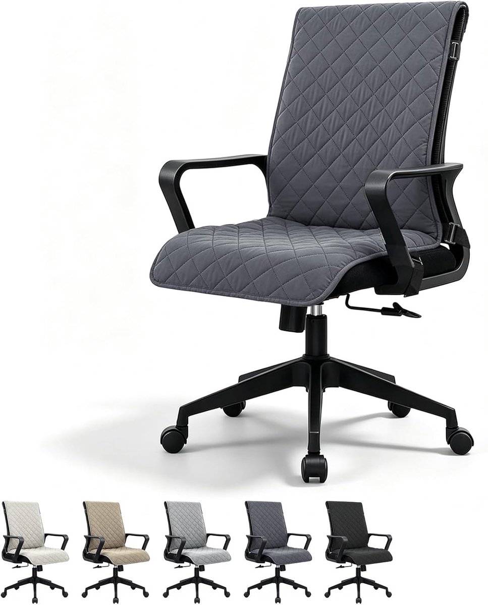 doorgestikt, universele bureaustoelbeschermer met verstelbare bevestigingsbanden, ademende beschermlaag voor bureaustoel, computerstoel en managersstoel (grijs, 198 x 53 cm)