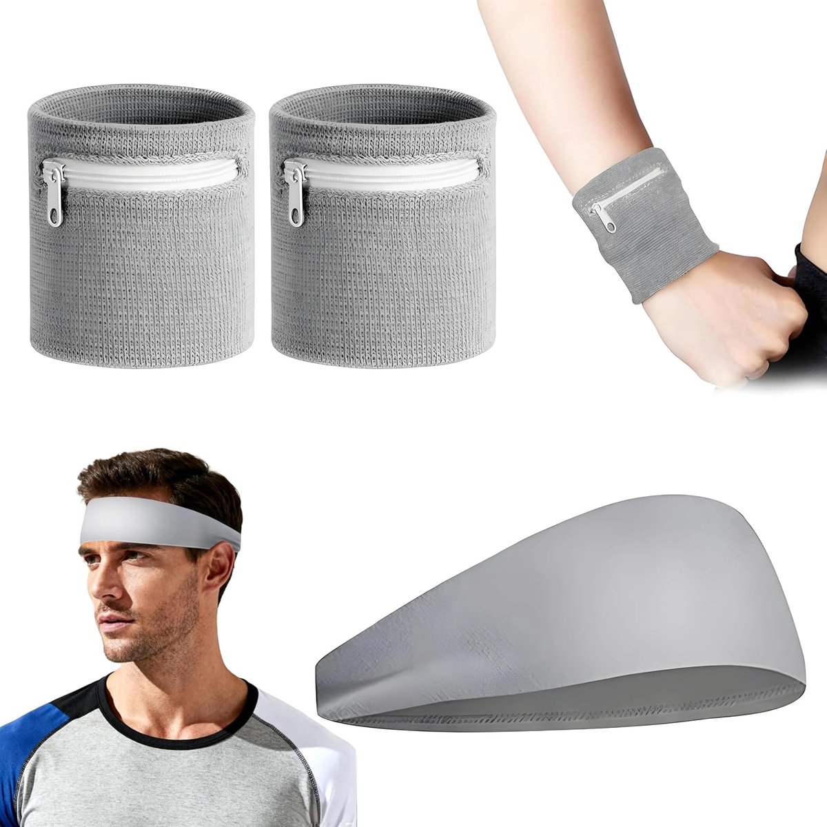 Polstas en hoofdbandset, sportpolstas, sportpolstas, zweetafvoerende hoofdband, zweetbanden voor dames en heren, voor joggen, wandelen, fietsen