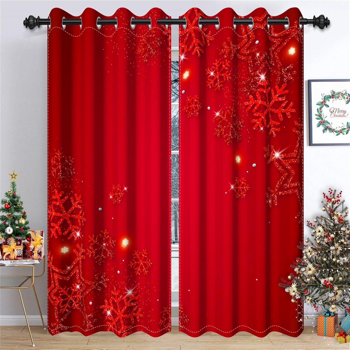 Verduisterende Gordijnen voor Woonkamer Gouden Sneeuwvlok Sprankelende Rode Raamgordijnen Thermisch Geïsoleerde Kamer Verduisterend Gordijn voor Slaapkamer Decor 117x138cm, 2 Panelen