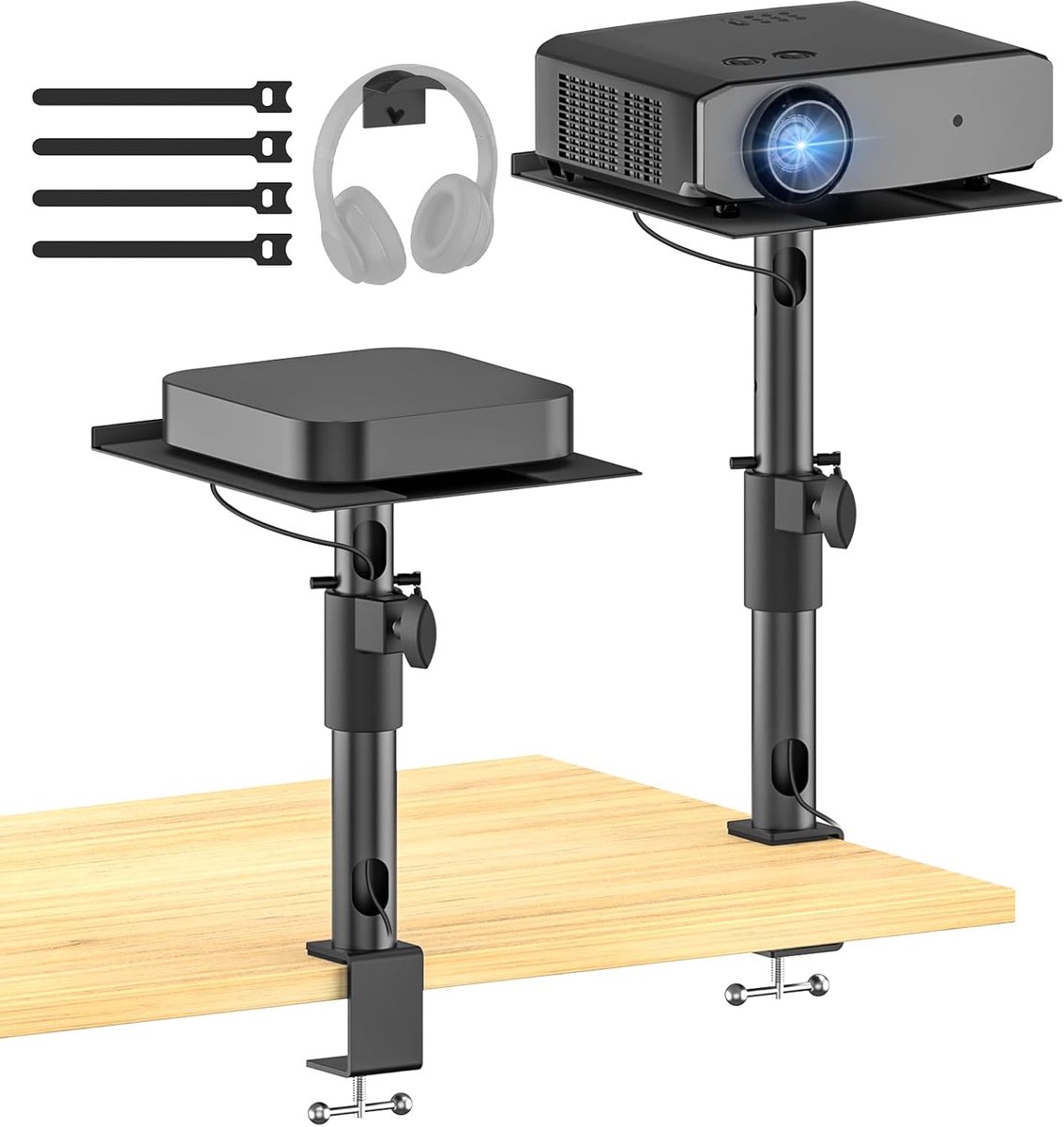 Notiela Desktop Projector Stand Tafel Wr Hoofdtelefoonhouder. In hoogte, kantelbaar en draaibaar verstelbare desktop-projectorstandaard voor Nebula XGIMI VANKYO en de meeste projectoren -2-pack