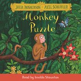 De omslag van het boek 'Monkey Puzzle' toont een apenjong dat op een tak zit te midden van weelderige groene bladeren. Een blauwe vlinder en rode bloemen vullen de scène.