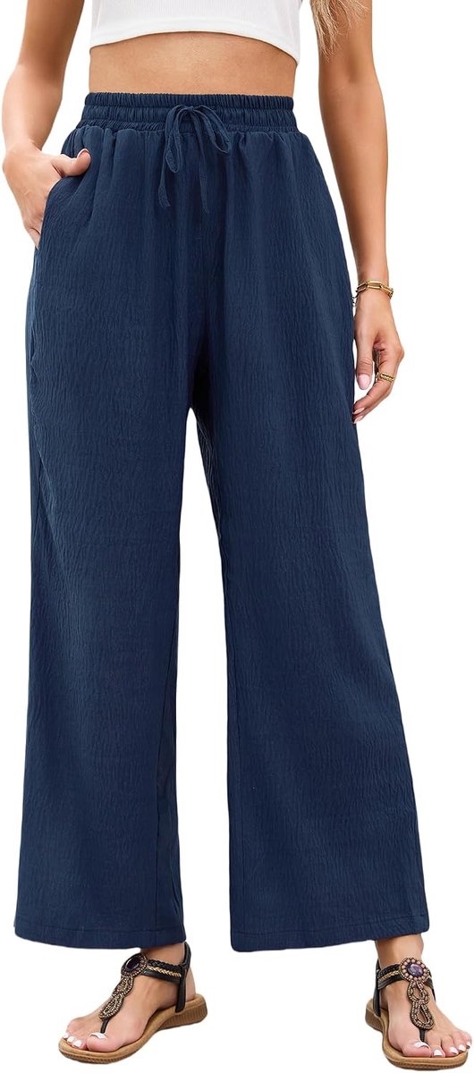 Damesbroek met elastische tailleband, lichte zomerpaleisbroek, hoge broek, rechte pijpen, comfortabel, effen, broek met zakken