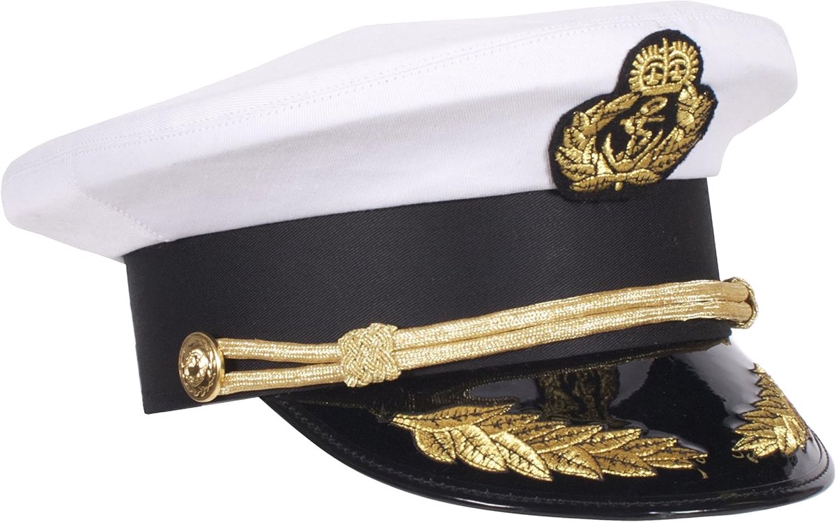 Super de Luxe met dik koord en lakscherm, wit, maat 57, 59 of 61 paraplumuts, marine uniform, scheepskapitein voor volwassenen