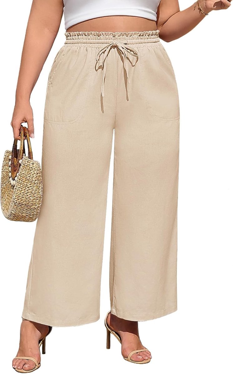 Damesbroek, grote maat, wijde pijpen, elastische taillebroek voor vrouwen, casual broek met zakken, verstelbaar trekkoord, losse ademende zomerbroek XL-4XL