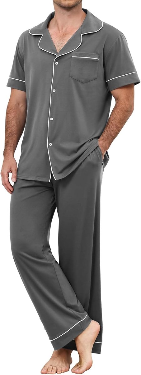 Pyjama voor heren, lang, katoen, tweedelige pyjama voor heren, set korte mouwen, bovenstuk met knopen en bijpassende broek met zak, zachte en comfortabele nachtkleding voor buiten, S-XXL