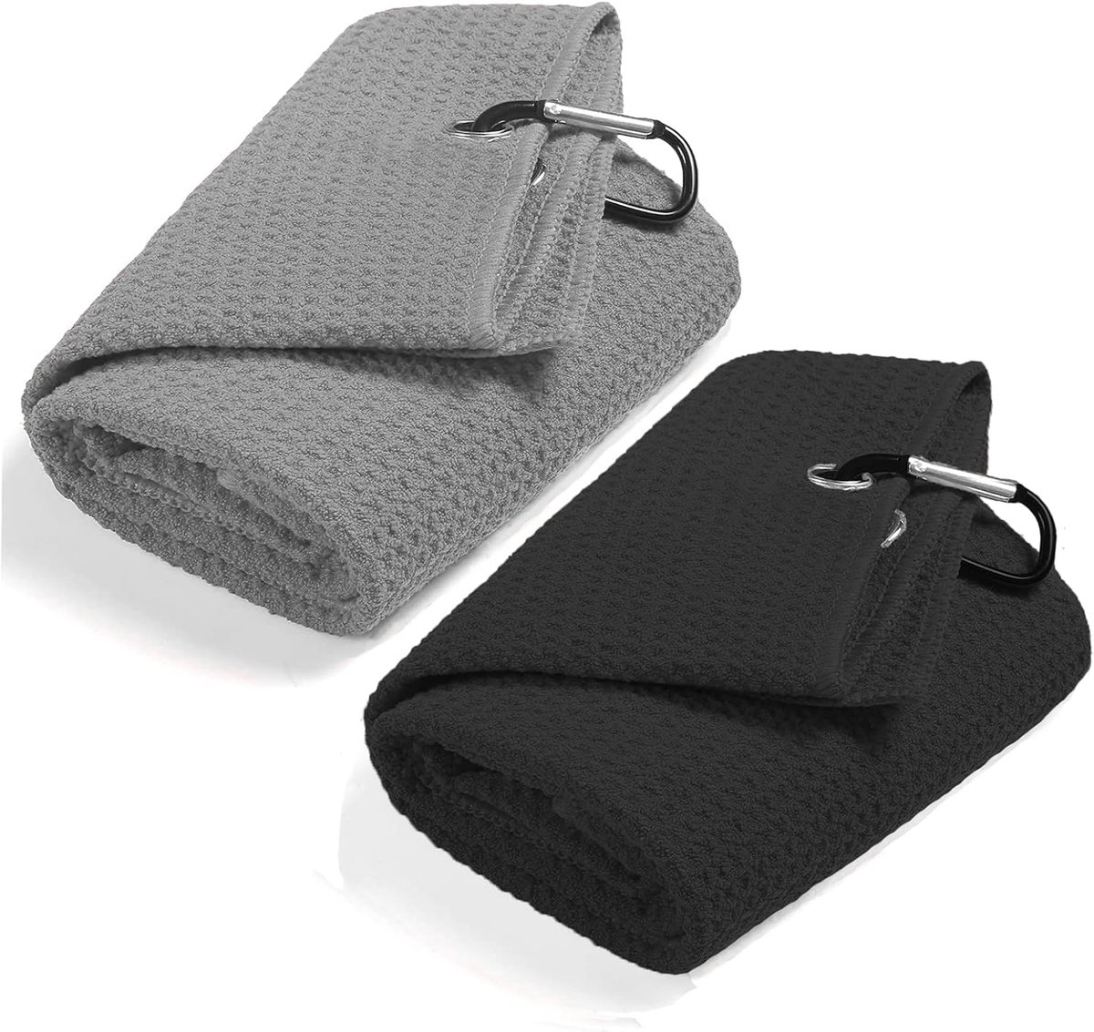 2-delige drievoud golfhanddoek, grappige golfhanddoek met clip voor golftassen voor heren, set van microvezel golfhanddoeken met wafelpatroon (zwart+grijs)