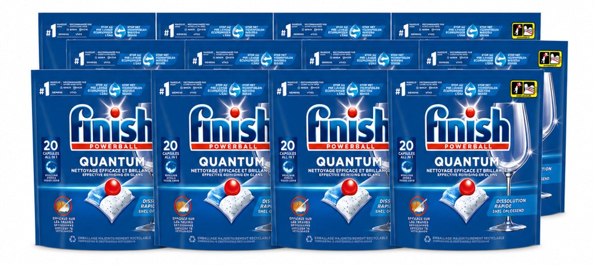 12 x Finish - Vaatwasmiddel - Quantum Vaatwastabletten Regular - Diepe Reiniging - 20 capsules - Voordeelverpakking - 12 stuks