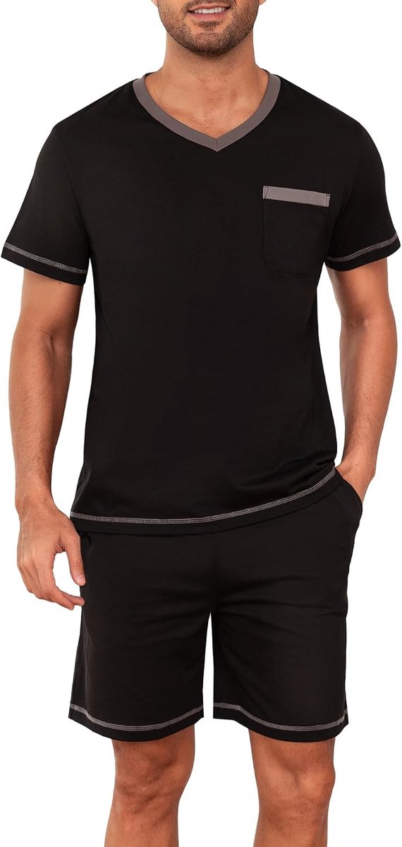 Pyjama voor heren, van 100% katoen, V-hals, zomerpyjamaset met borstzak, ademende nachtkleding & loungewear voor mannen, zacht huispak, tweedelig