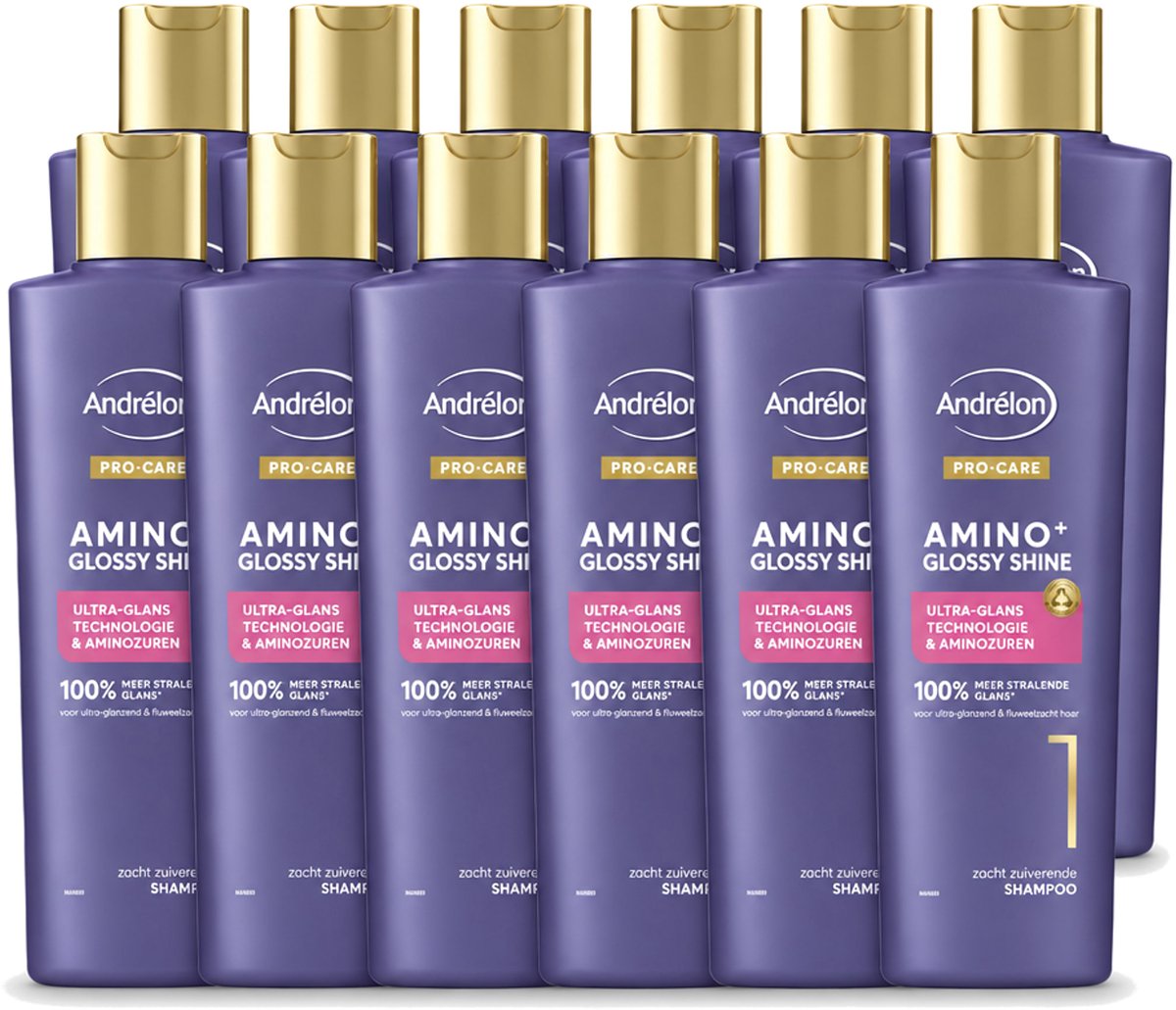 12 x Andrélon – Shampoo – Pro Care Amino+ Glossy Shine – 250 ml - Voordeelverpakking - 12 stuks