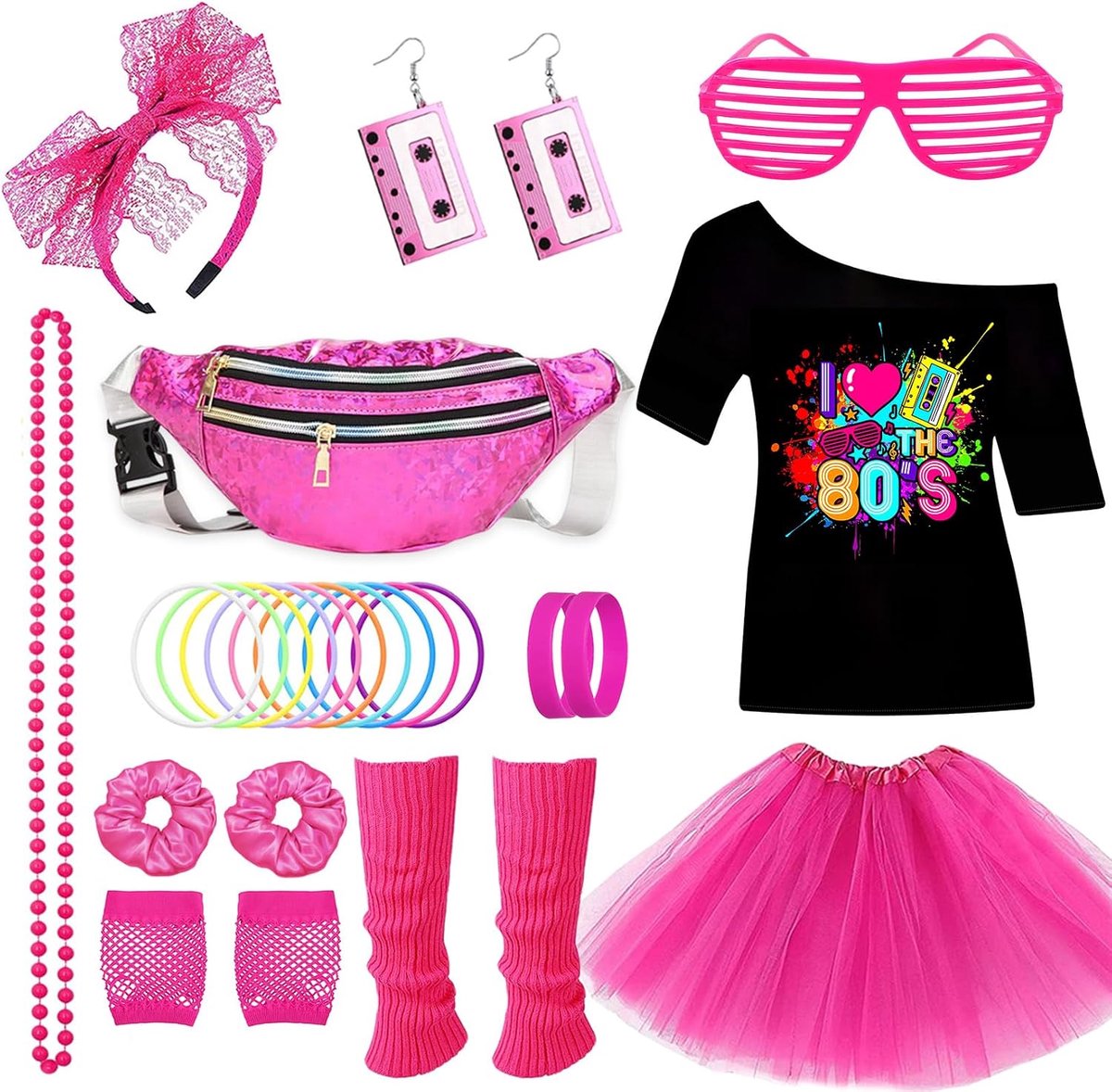 26 stuks jaren 80-kostuum, feestoutfit disco, neon uit de jaren 90, T-shirt, tutu, armband, heuptas, bril, armband, halskettingen, beenwarmers, outfit jaar, themafeest, carnaval, dames