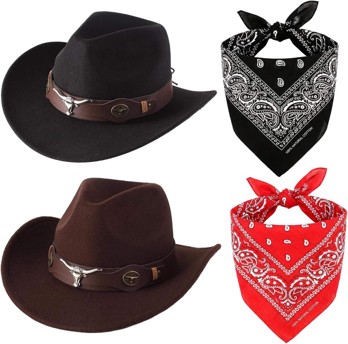 Cowboykostuum accessoireset -2 stuks westerse cowboyhoed met 2 stuks stierschedelband, paisley bandana, verkrijgbaar in zwart/bruin, voor Halloween verkleedkleding cosplay