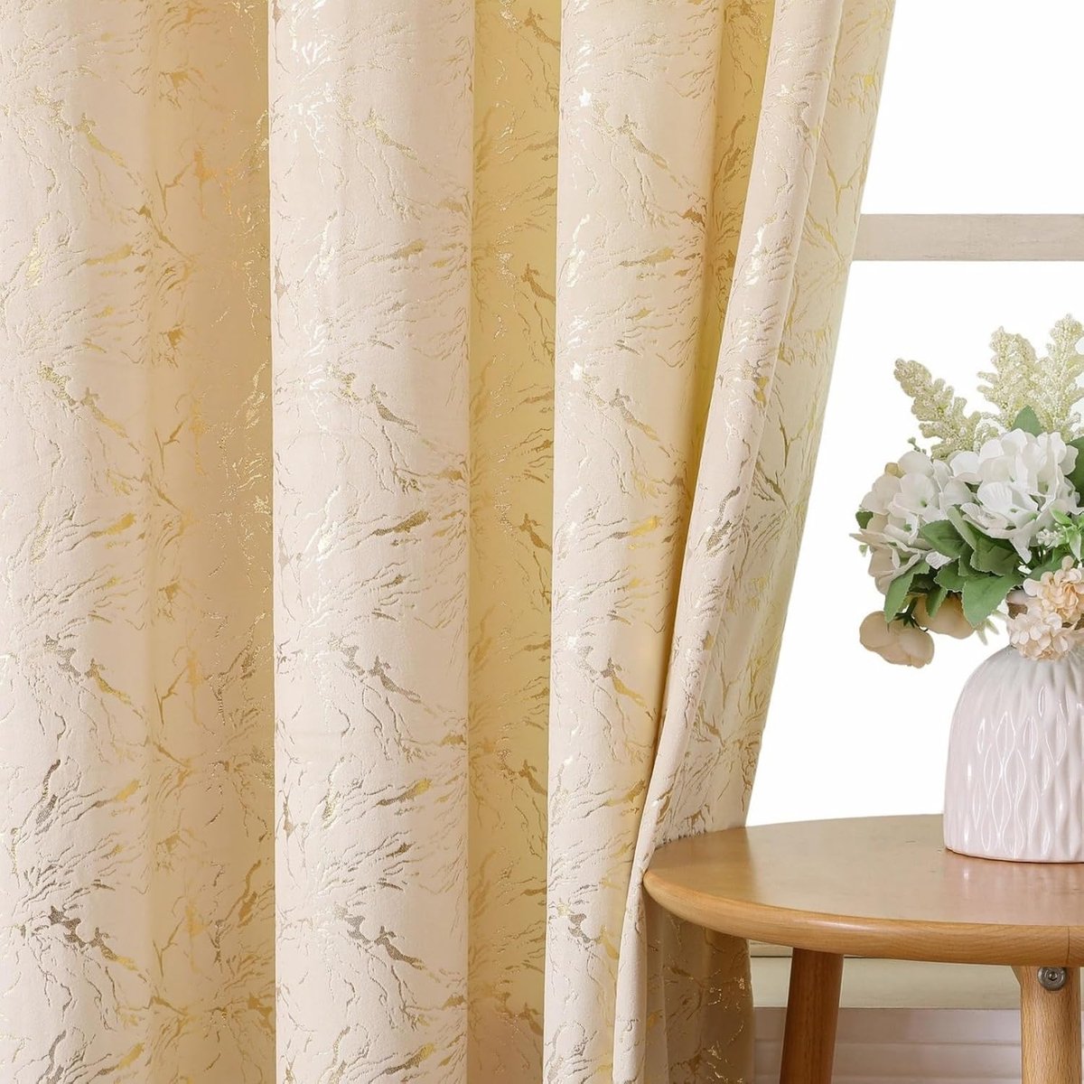 gordijnen met ringen, marmerlook, voor woonkamer, slaapkamer, metallic marmerrooster, velours-gevoel, 75-80% lichtfiltering, set van 2, 132 x 213 cm, beige goud