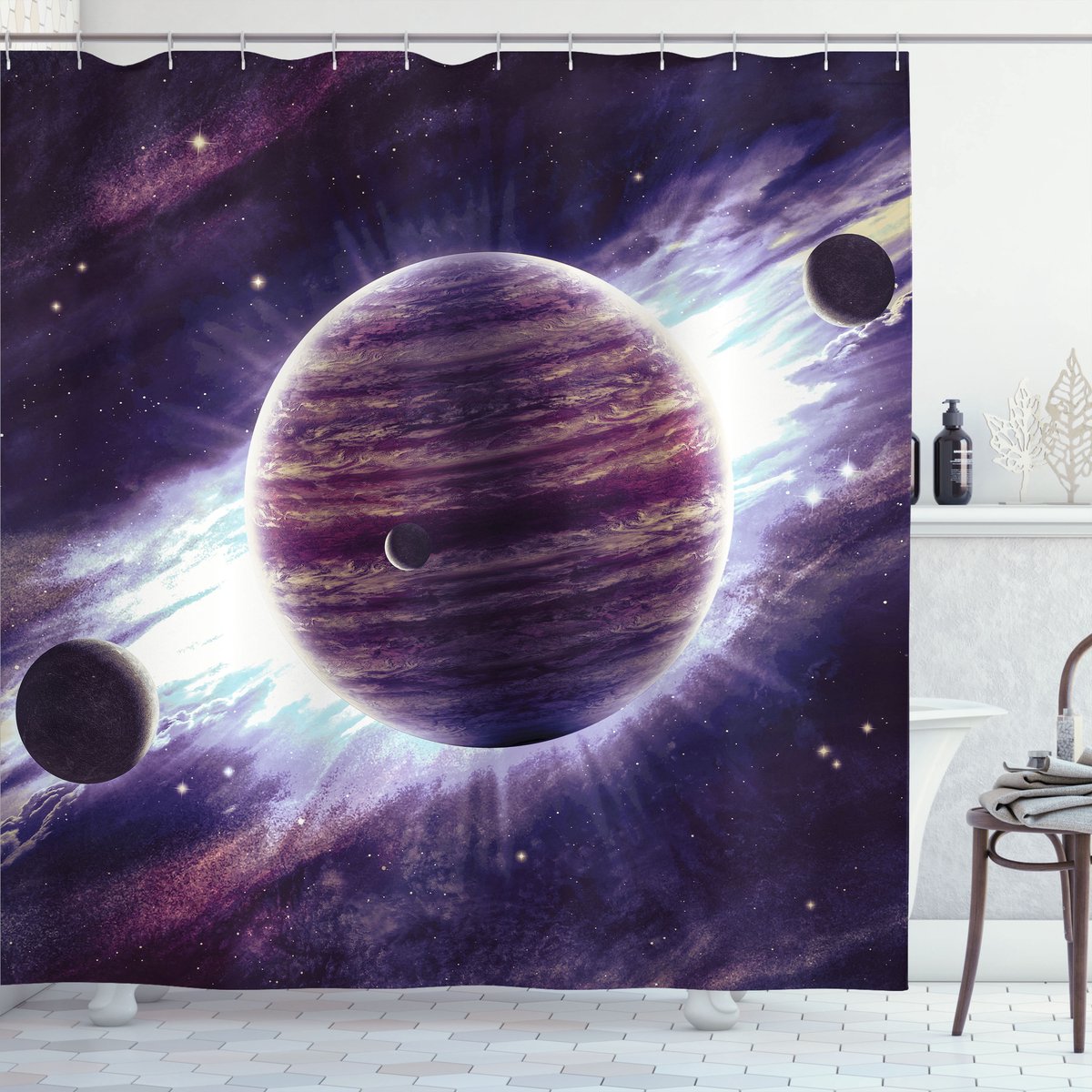 ABAKUHAUS Melkweg Douchegordijn, Ruimte Planeten Mars, Stoffen Badkamerdecoratieset met Haken, 175 x 180 cm, Mauve Paars