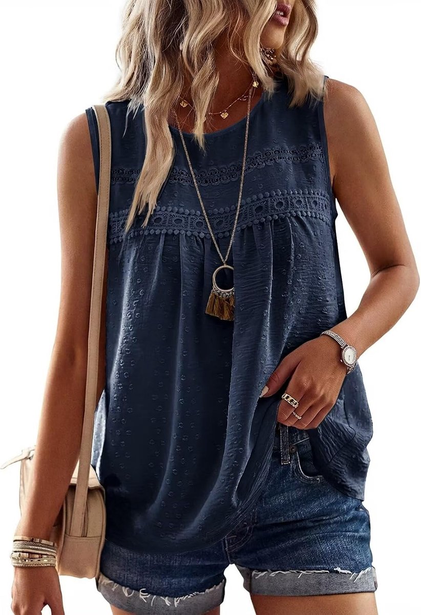 Mouwloze Top met Ronde Hals Boho Stijl Elegante Zomer Tank Top Kant Casual Geplooide Luchtige Losse Tuniek Tops