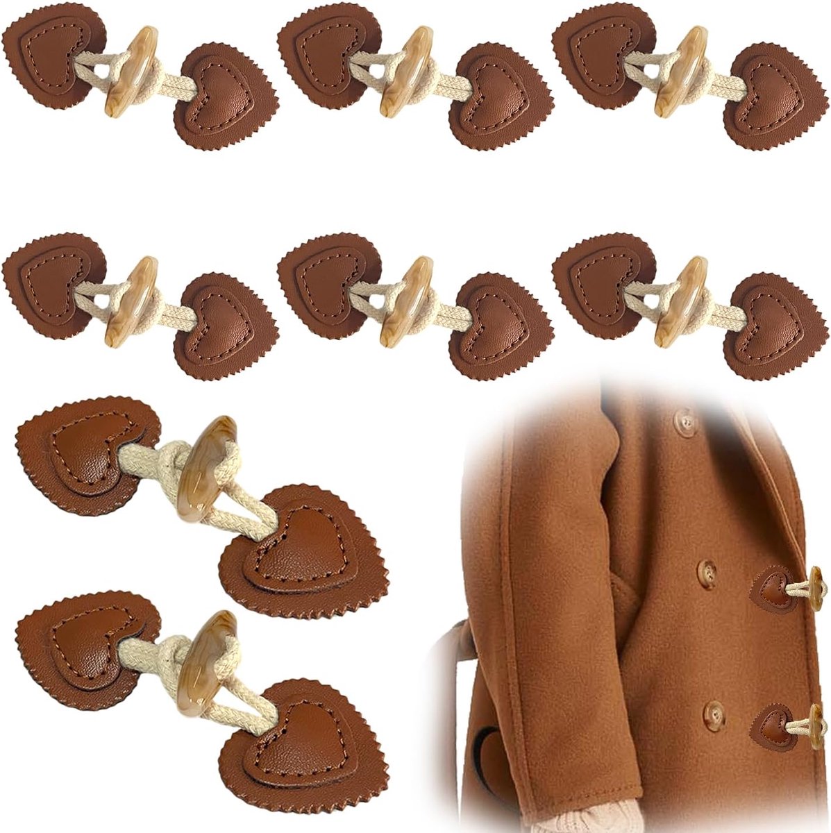 Knopen leer, knevelsluiting hart leer, knevelsluiting bruin voor vest, decoratieve knopen voor herfst en winterjassen (bruin)