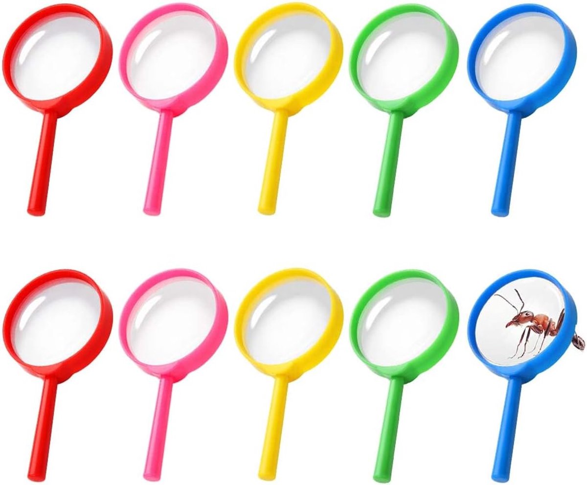 Vergrootglas voor kinderen, 10 stuks, 60 mm, kleurrijke vergrootglazen in rood, geel, blauw, groen, roze, ideaal voor detectiespellen, outdoor-avonturen en cadeaus voor kinderen