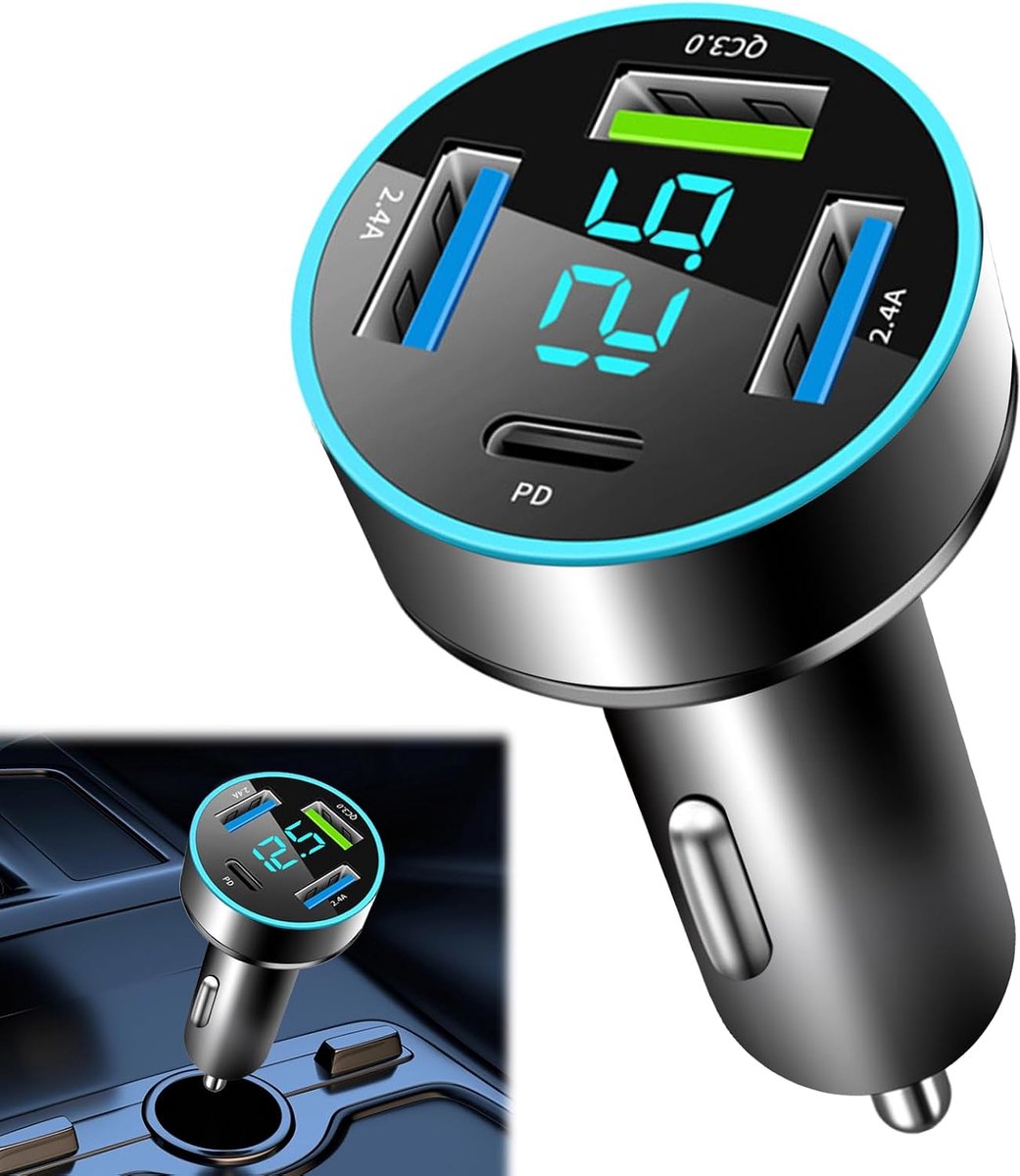 Autolader, 4 poorten, oplader voor auto, sigarettenaansteker, USB, 66 W, snel opladen, 12 V, QC3.0 & PD, met led-voltmeter, compatibel met telefoon, Android, Samsung