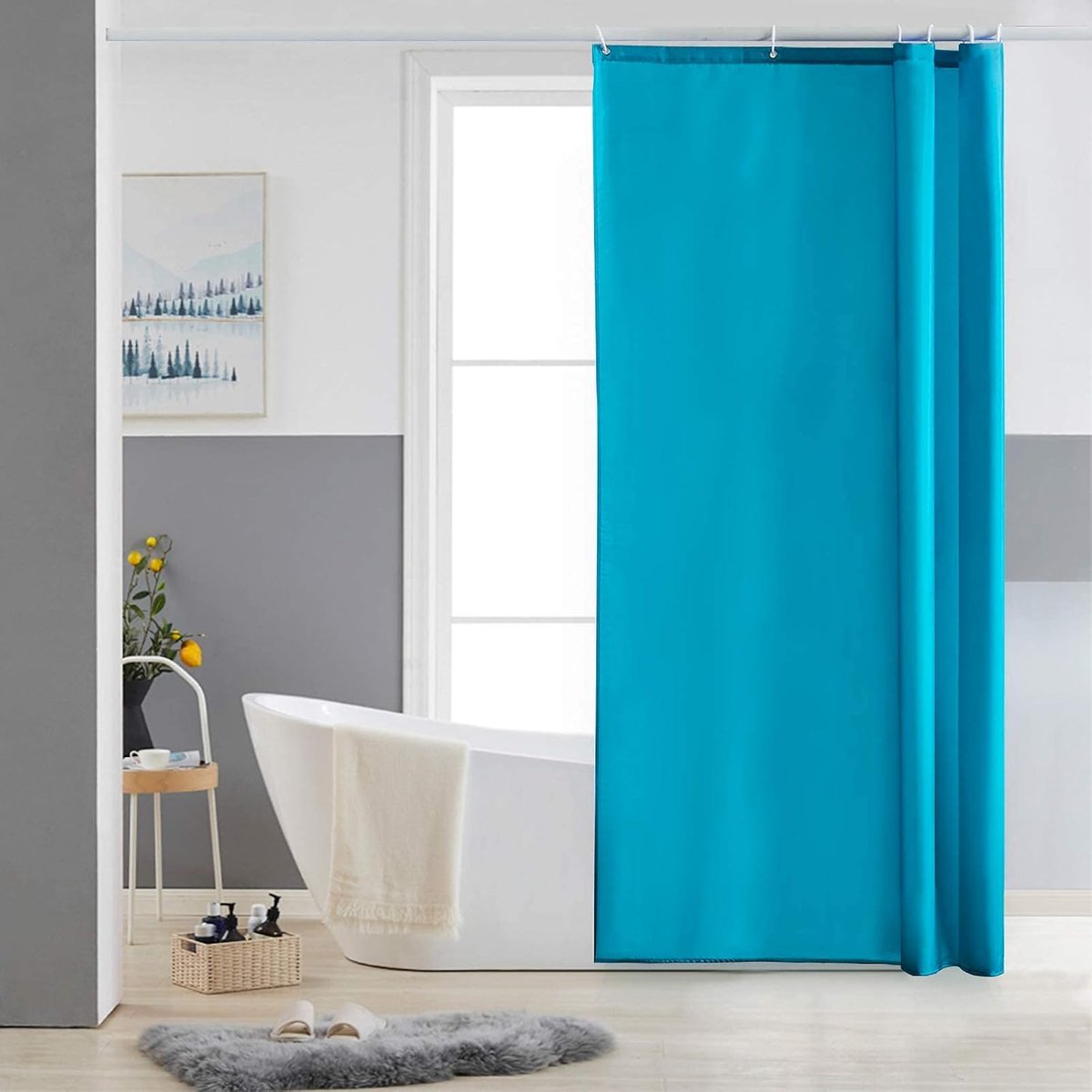 Smal douchegordijn voor hoekdouche en klein bad, badgordijn textiel van polyester, schimmelbestendig, waterafstotend en wasbaar, aquamarineblauw, 90 x 180 cm met 6 douchegordijnringen.