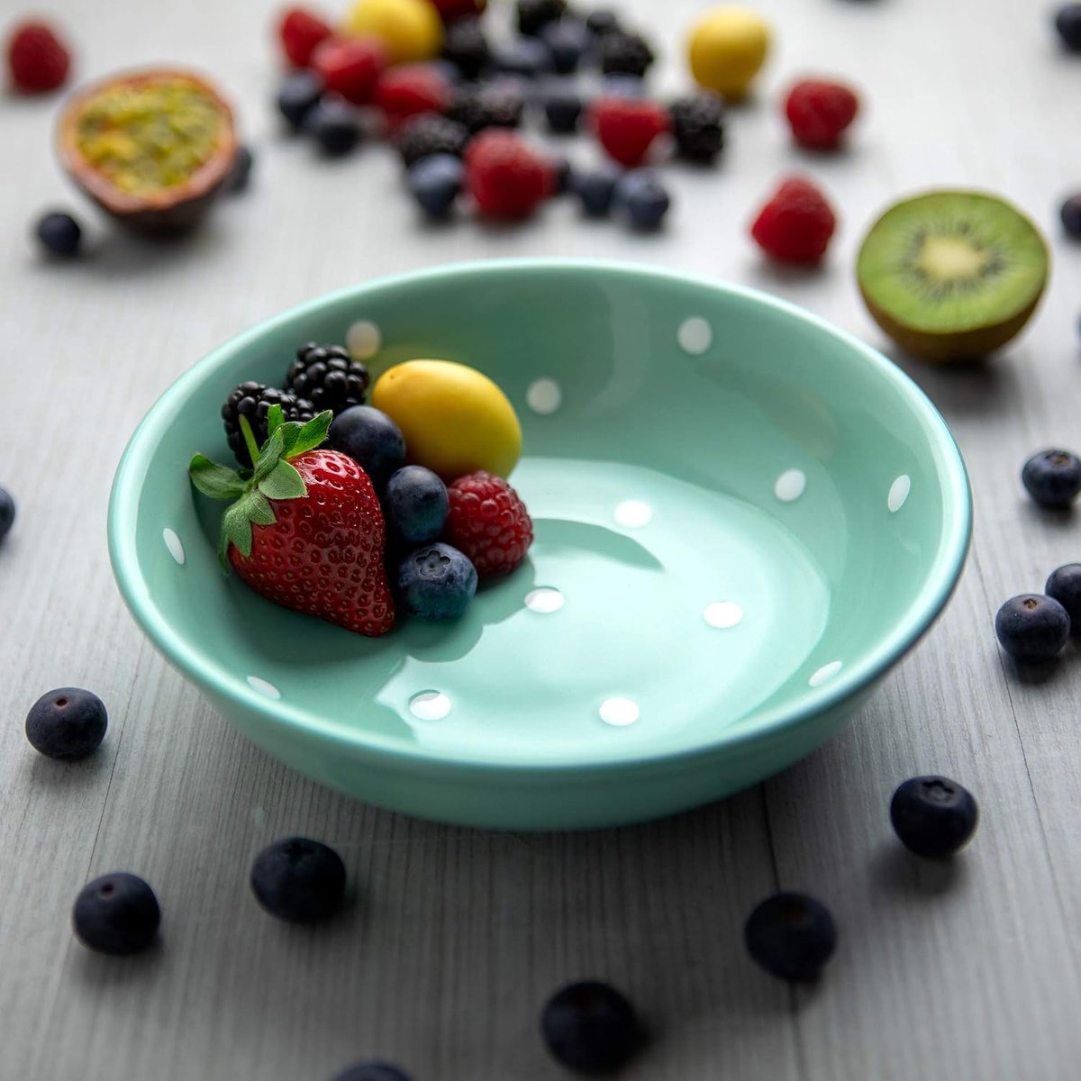 To Cottage Groenblauw Wit | Polka Dot Stippen | Keramiek 18,5cm | 400ml Grote Kom Salade, Pasta, Fruit, Ontbijtgranen, Soep | Uniek Serviesgoed