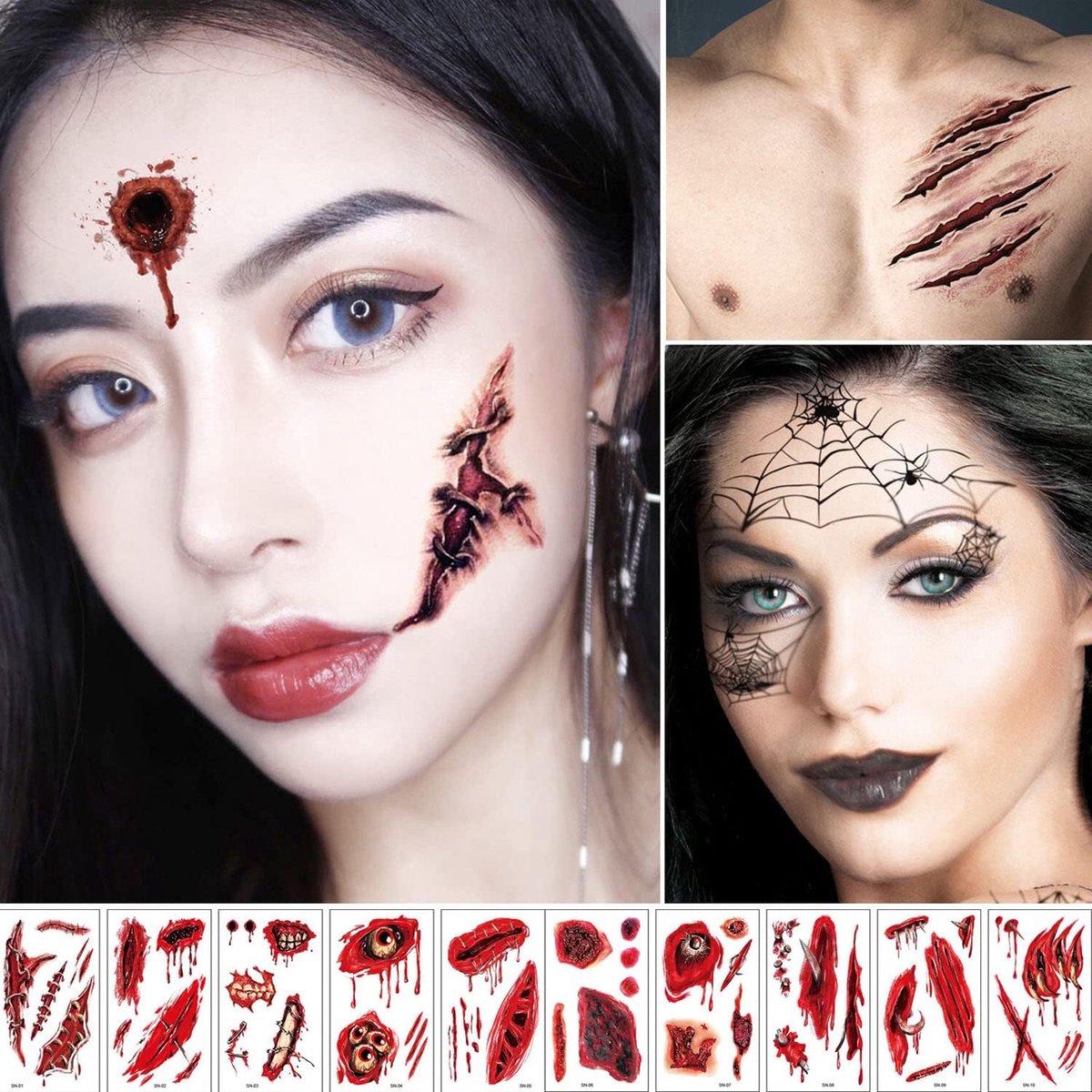 Tijdelijke Bloederige Banners, Littekens Tatoeages Stickers Speciale Kostuum Make-Up Props, Iets Waterdichte Littekens Tatoeages Voor Vampier Zombie Feestdecoratie Spookhuis