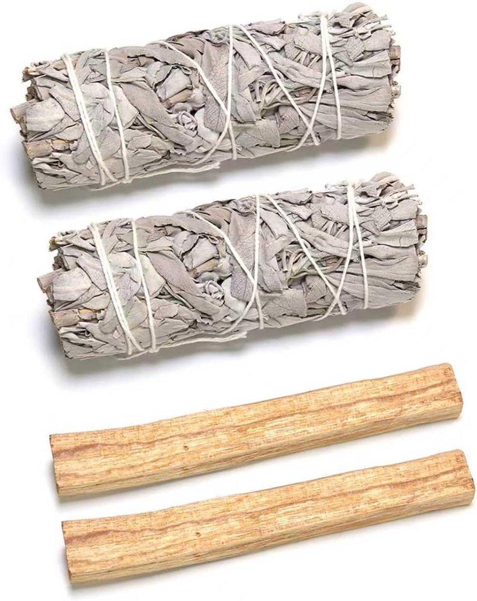 4 stuks premium rookset 2 witte salie en 2 Palo Santo Premium Californische salieroken [100% natuurzuiver], traditioneel wierook voor energetische reiniging, verwijdert negatieve energieën