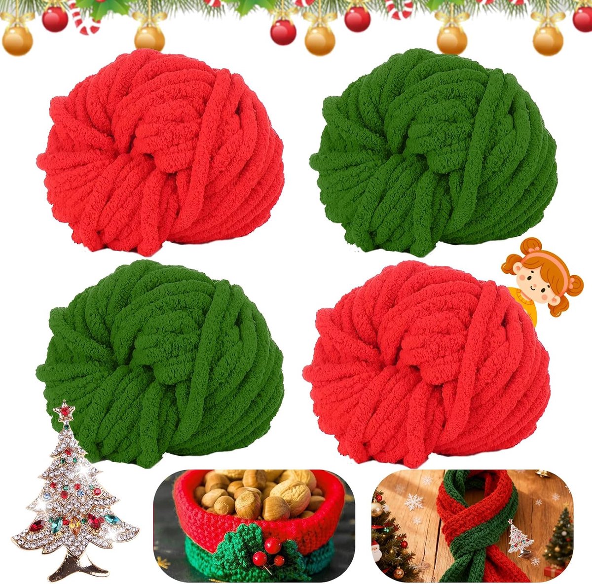Wolgaren, 1000 g, ca. 108 m, melkachtig chunky met kerstboombroche, grof gebreid, zacht wolgaren voor sjaals, quilts, sjaals, kerstbomen en andere decoratieve geschenken