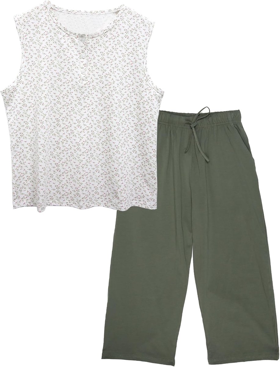 Pyjama voor dames, katoen, mouwloze tanktop, bloemenprint, ronde hals, legergroen, 3/4 lange pyjamabroek