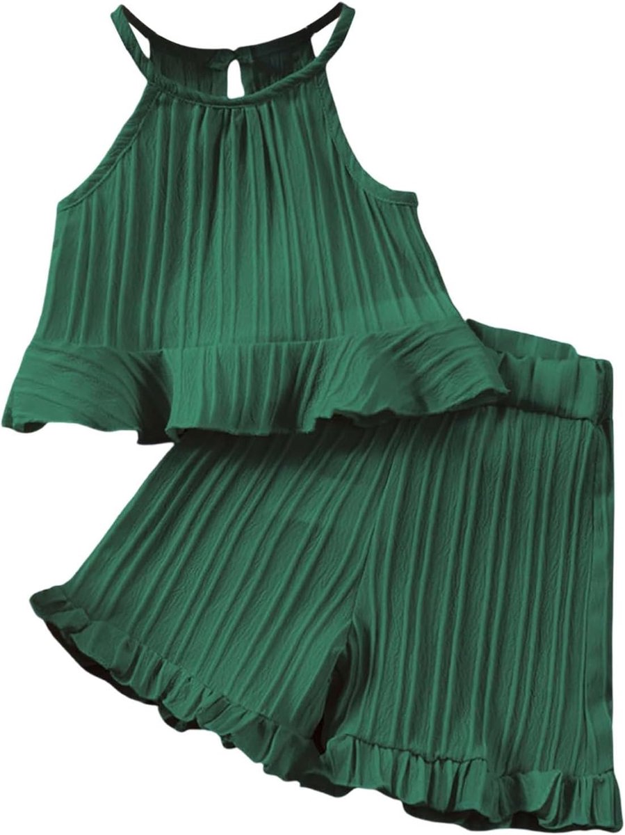 2-delige set voor meisjes, mouwloos, schoudervrij, rugvrij, shorts met ruches, casual strandkleding voor de zomer
