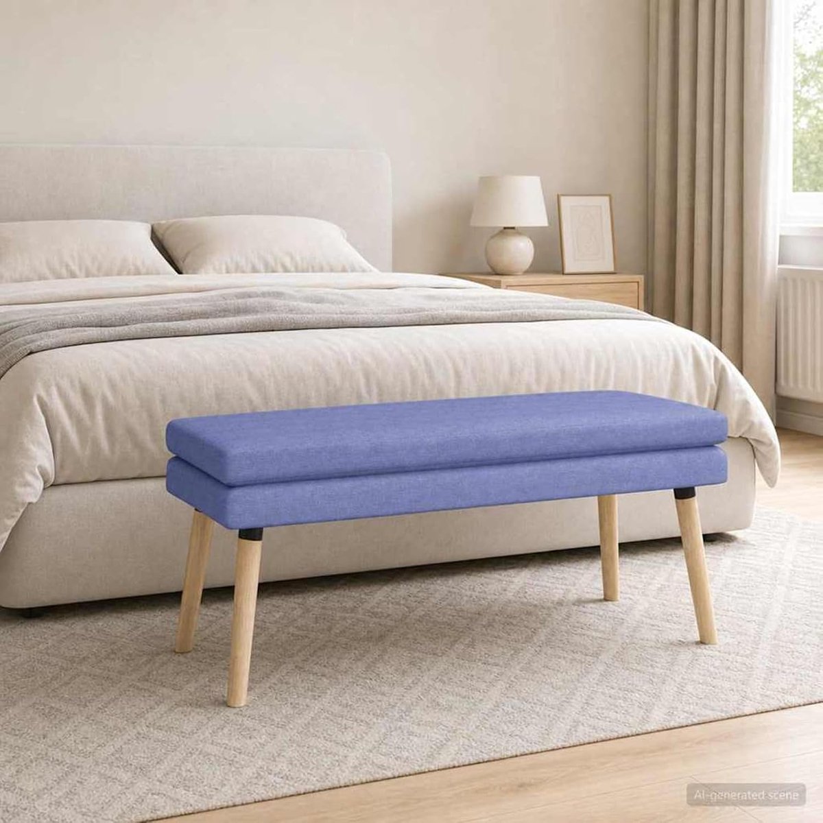 Dubbellaagse bank van jeansstof, blauw, robuuste zitbank met opbergruimte en zachte bekleding, 110 x 40 x 47 cm, voor woonkamer, slaapkamer, hal, entree