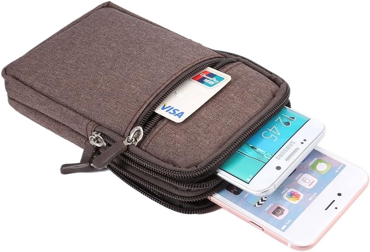 Multifunctionele Verticale Strepen Pouch Bag Case Ritssluiting Karabijnhaak voor HighSCREEN EXPANSE (2018) - Bruin (17 x 10,5 cm)