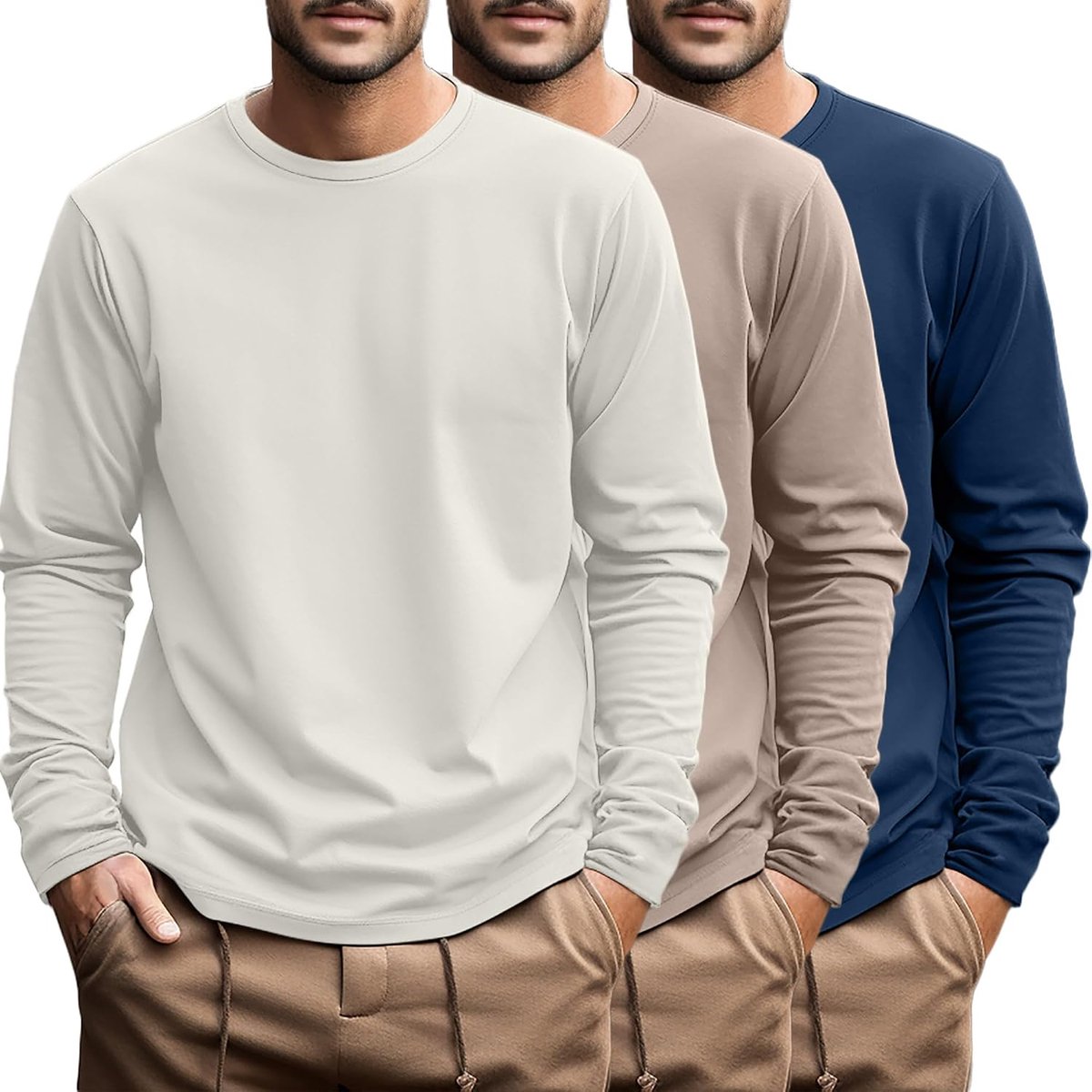 3-Pack Herenoverhemden, Grote en Lange Mouwen, Katoenen T-Shirt, Ronde Hals, Oversized Tops, Casual Overhemden