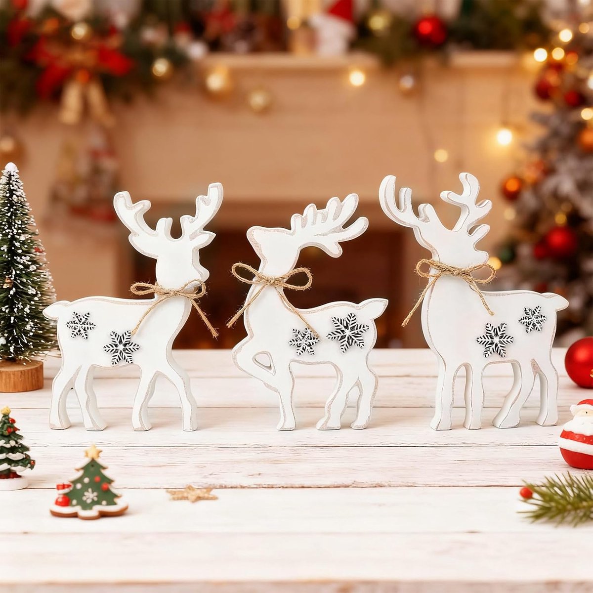 3 stuks kerstdecoratie, rendier, hout, kerstdecoratie, rendier, decoratie, tafeldecoratie, Kerstmis, tafeldecoratie voor thuis, rek, mantel, open haard, tafel, vensterbank, feestdecoratie