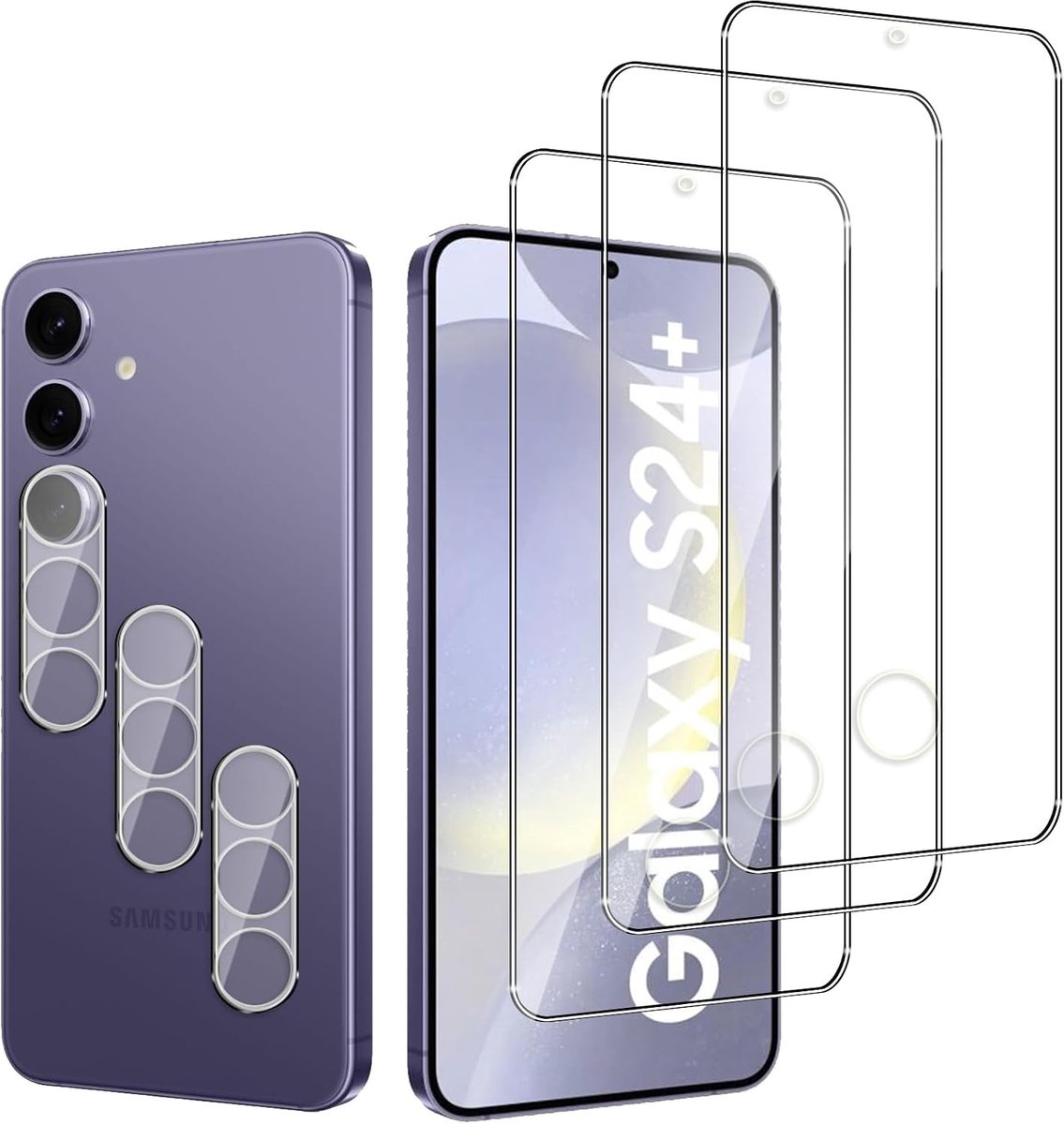 [3+3 Pack Screen Protector voor Samsung Galaxy S24 Plus, krasbestendig, 2,5D gebogen randen, 9H hardheid, HD Clear, Case Friendly