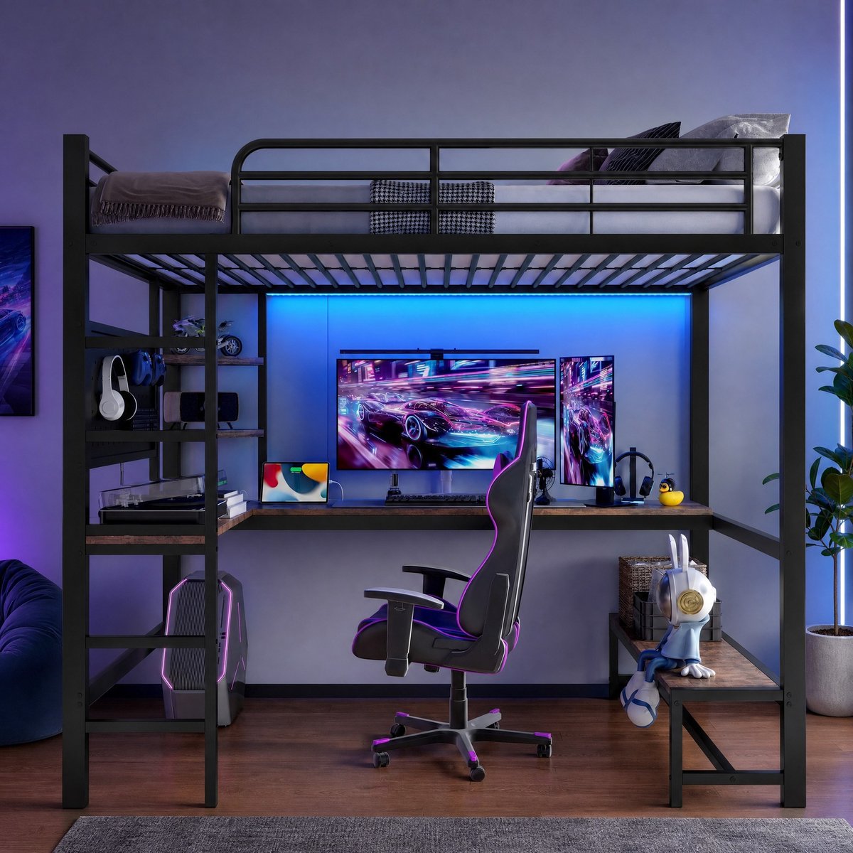 WUVRIE Hoogslaper 90 x 200 cm met bureau, opbergrekken, LED, USB en Type-C, zwart