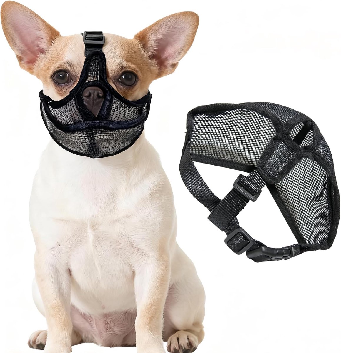 Muilkorf voor honden, met korte snuit, ademend, tegen bijten en blaffen, mesh voor Franse Bulldog, Shih Tzu, mopshond, kleine hond (zwart)