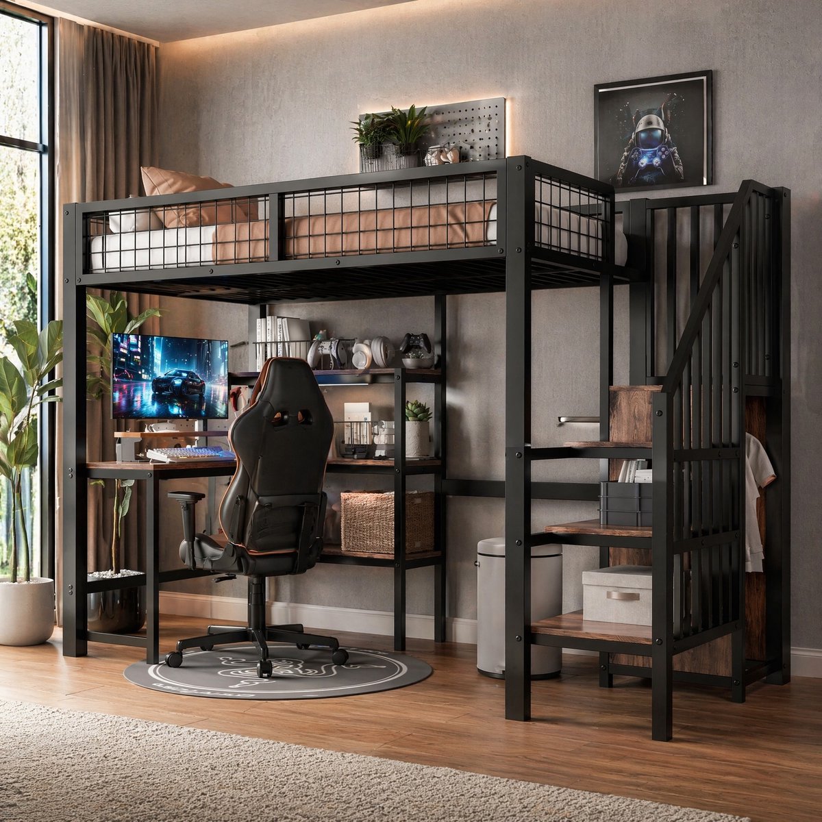 WUVRIE Hoogslaper 90x200 cm met bureau, trap, kledingkast en opbergplanken, zwart/bruin