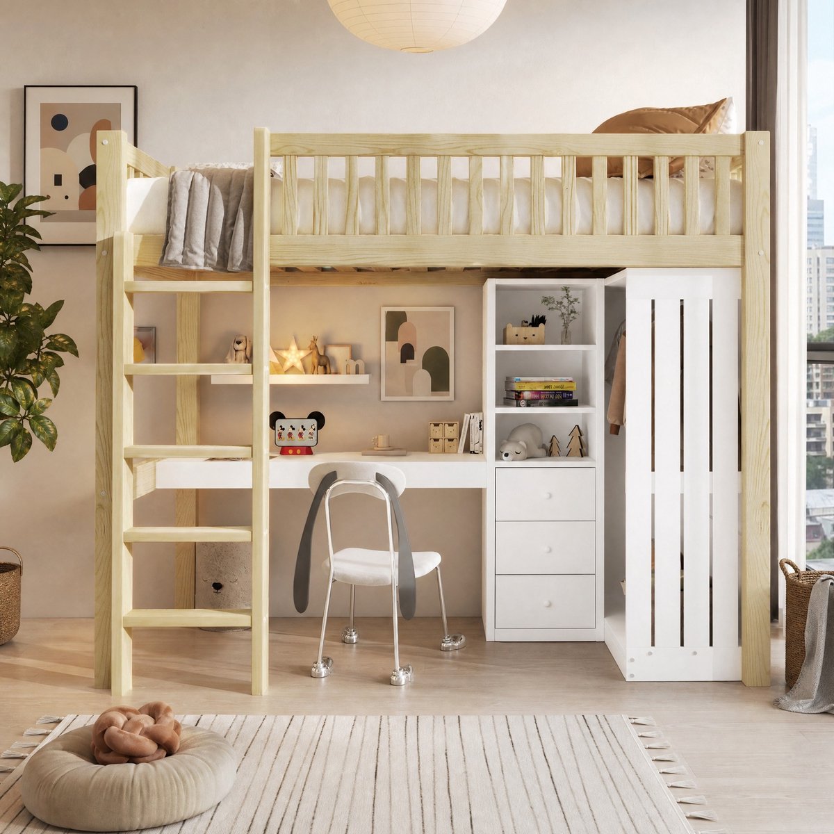 WUVRIE Hoogslaper 90x200 cm met bureau, kledingkast, 3 lades en trap, naturel