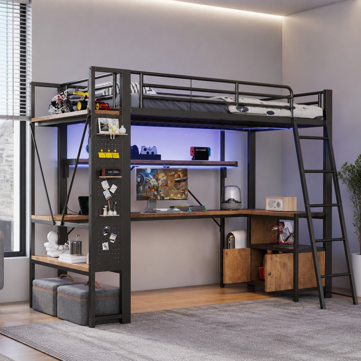WUVRIE Hoogslaper 90 x 200 cm met bureau, LED-verlichting, USB en opbergruimte, zwart