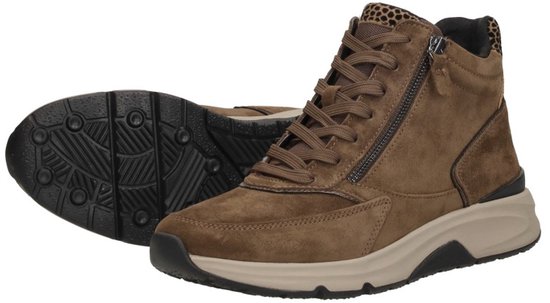 Bruine suède Gabor Rollingsoft halfhoge veterschoenen met panterprint accenten, rits en losse zool.