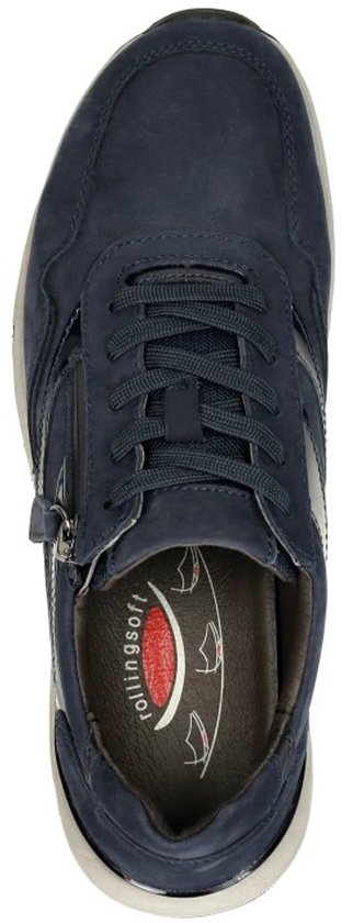 Bovenaanzicht van blauwe Gabor Rollingsoft veterschoen met ritssluiting en merklogo op de binnenzool.