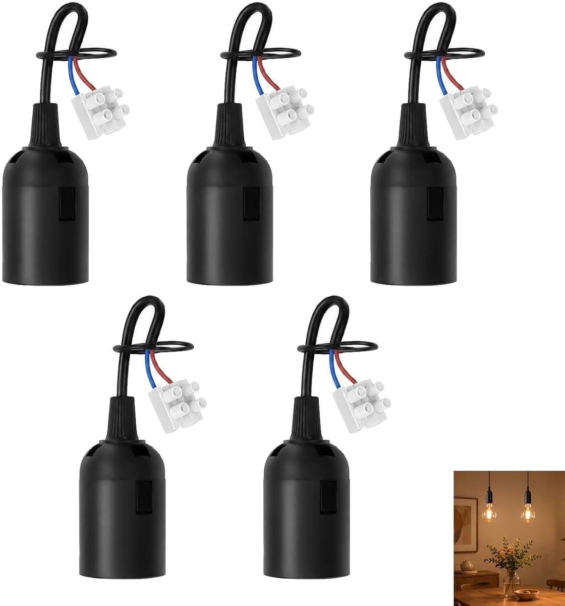 5 stuks E27-fittingen, E27-lampfitting met kabel en klem voor halogeenlampen en spaarlampen, lamphouder met spanningstestkabel, lampvoet voor installatie