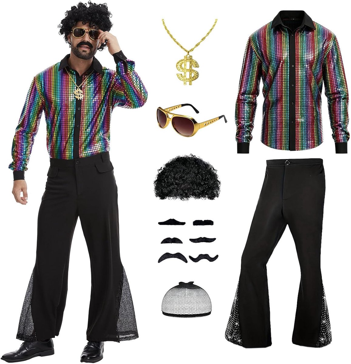 '70 discokostuum voor heren, jaren 80, hippiekostuum met paillettenhemd, slagbroek en discoaccessoires voor carnaval, Halloween