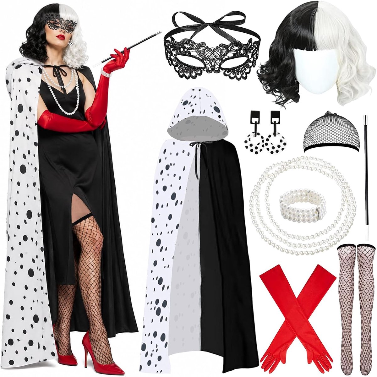 10 stuks Halloween-kostuum voor dames met zwart-witte pruik, cape, lange rode handschoenen, kanten masker en parelketting, carnavalskostuum voor dames, carnavalskostuums voor vrouwen, carnaval