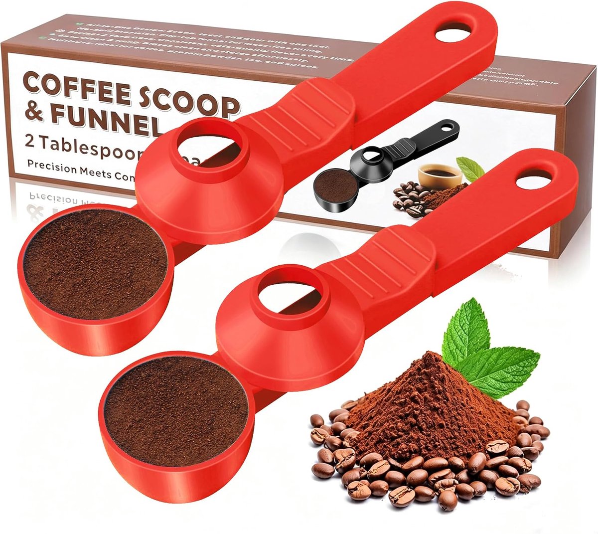 2-in-1 koffieschep met trechter, 2 theelepels maatlepel voor herbruikbare K-kopjes, gemalen koffie, eiwitpoeder en thee, rommelvrij plastic ontwerp (rood, 2 stuks)