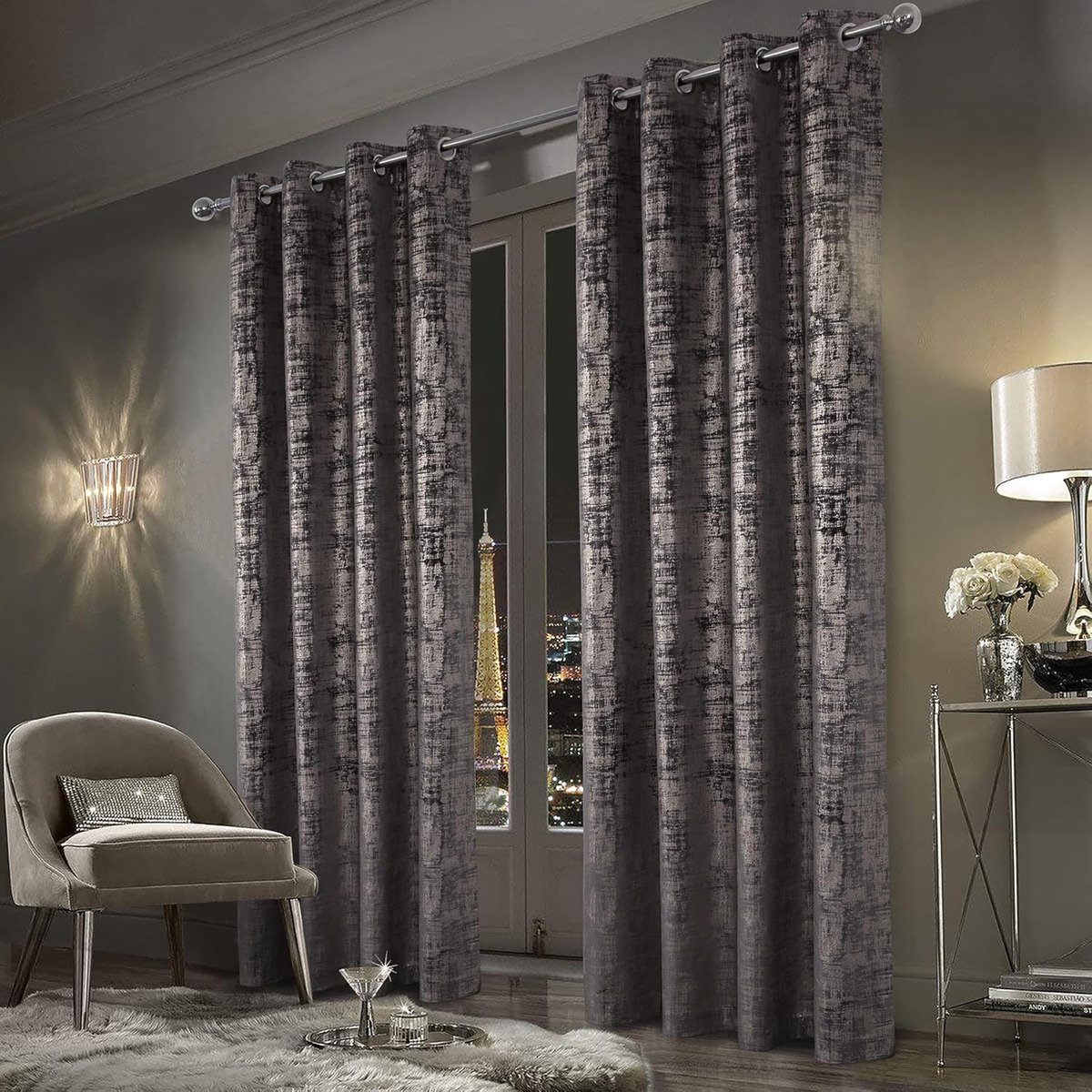 Always4u Gordijnen met patroon Goud Ondoorzichtig 100%, Samt Gordijn Woonkamer, Verdunkeling Gordijn met ogen, Stof Glanzend Elegant, Donkergrijs 2-delig 245x140cm